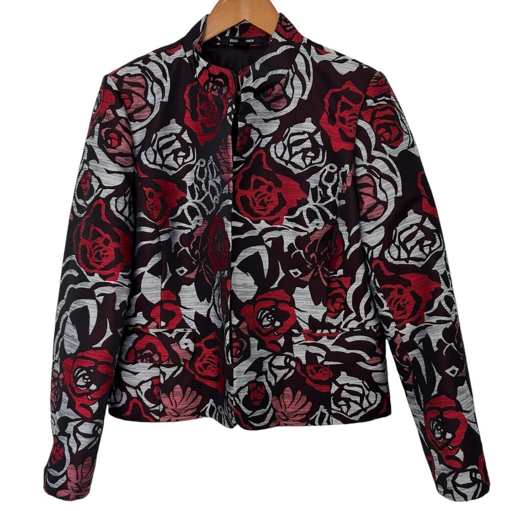 ELLEN TRACY Black Red Silver Floral Cocktail Blazer Jacket Womens 14 Lady Coat